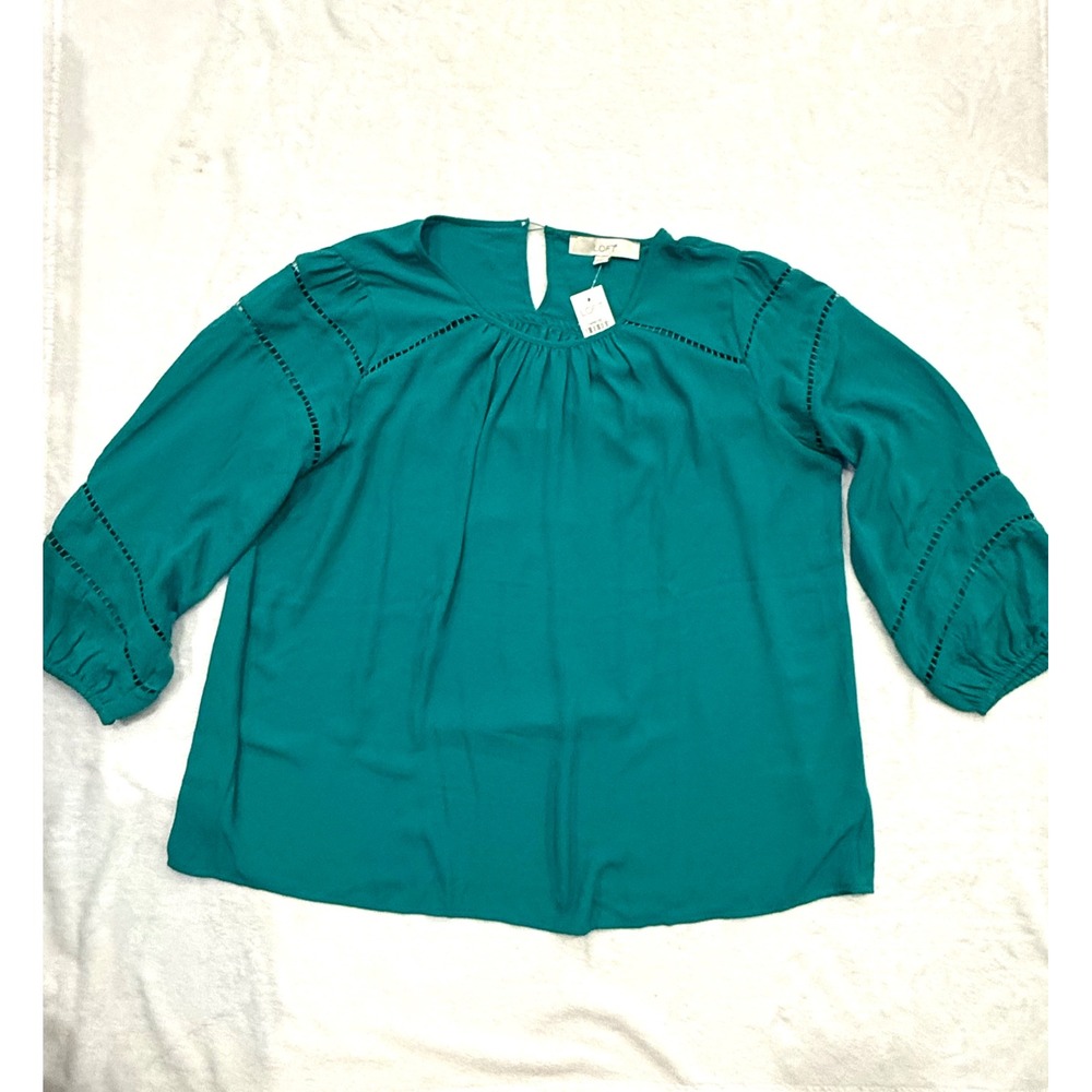 Loft Teal Green Ladder Lace Trim 3/4 Sleeve Blouse Keyhole Back Top NWT Size M